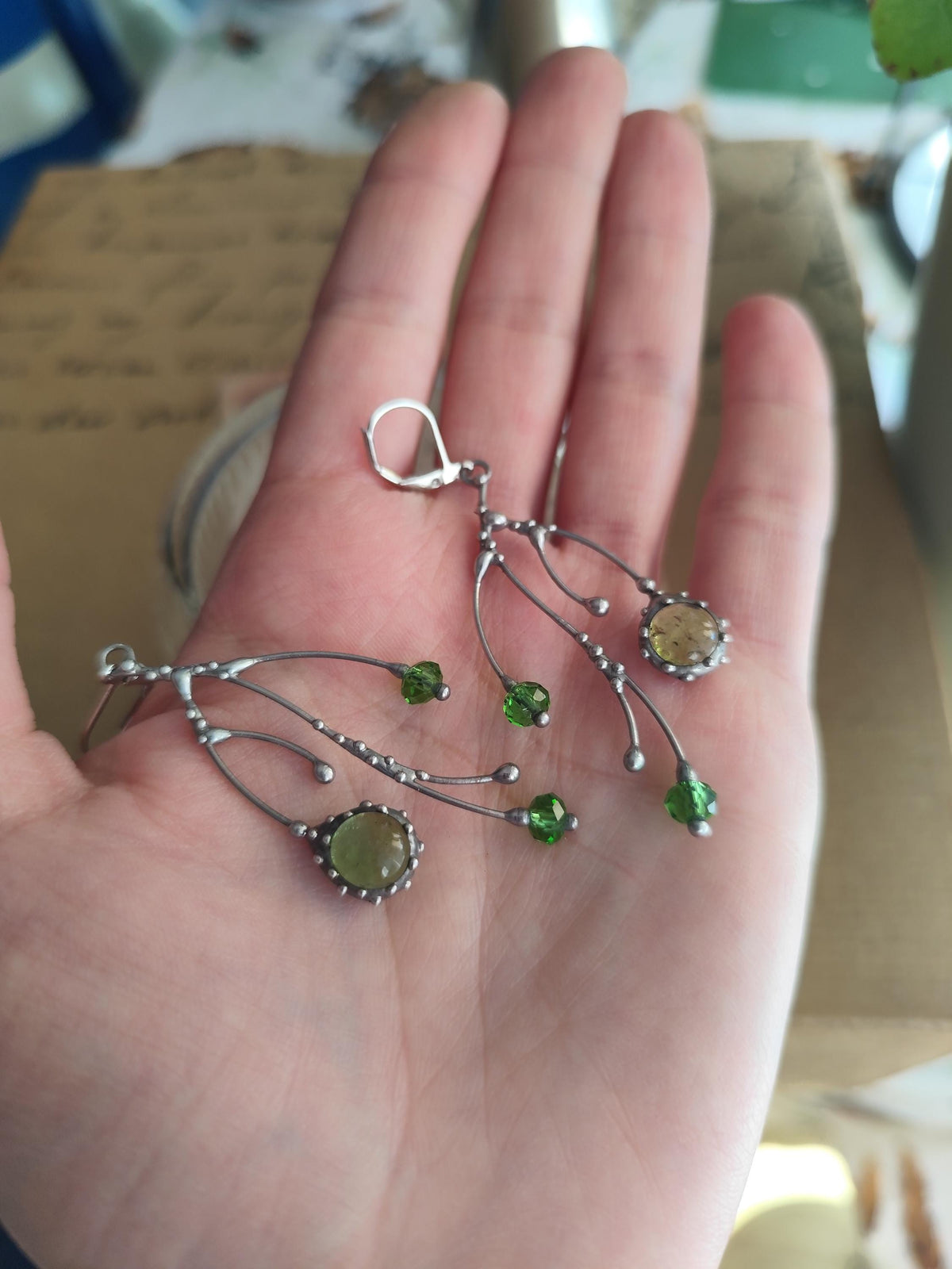 Green Glass Tree Branch Earrings – Silver Tone