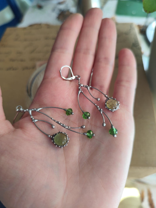 Green Glass Tree Branch Earrings – Silver Tone