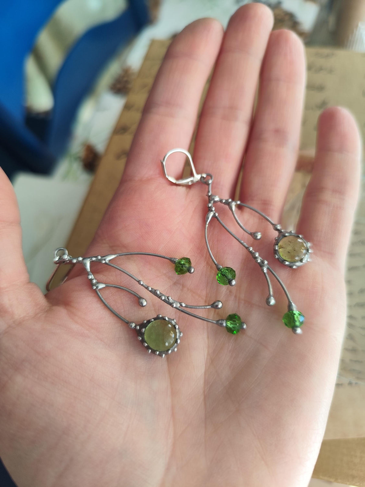 Green Glass Tree Branch Earrings – Silver Tone