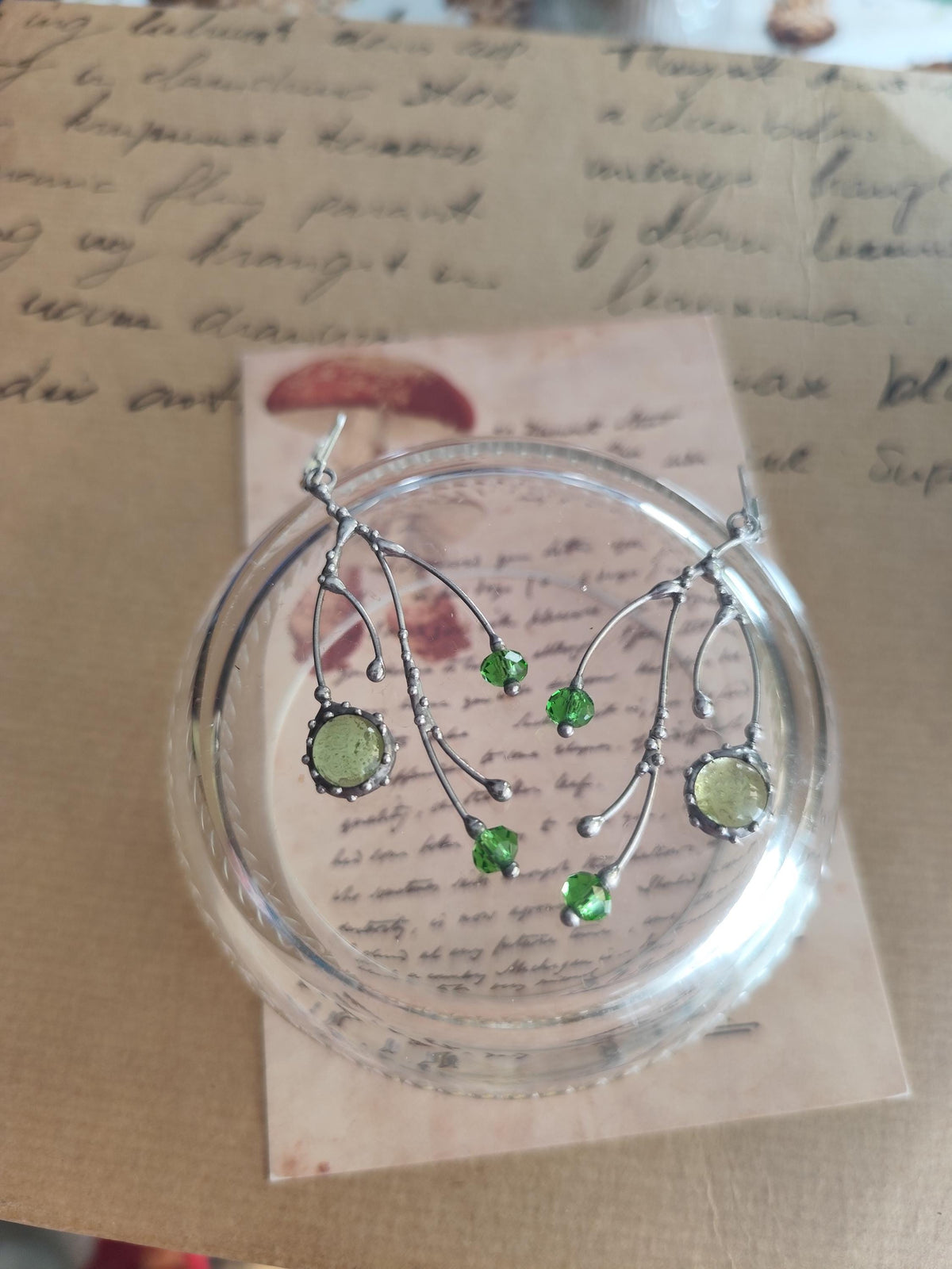 Green Glass Tree Branch Earrings – Silver Tone