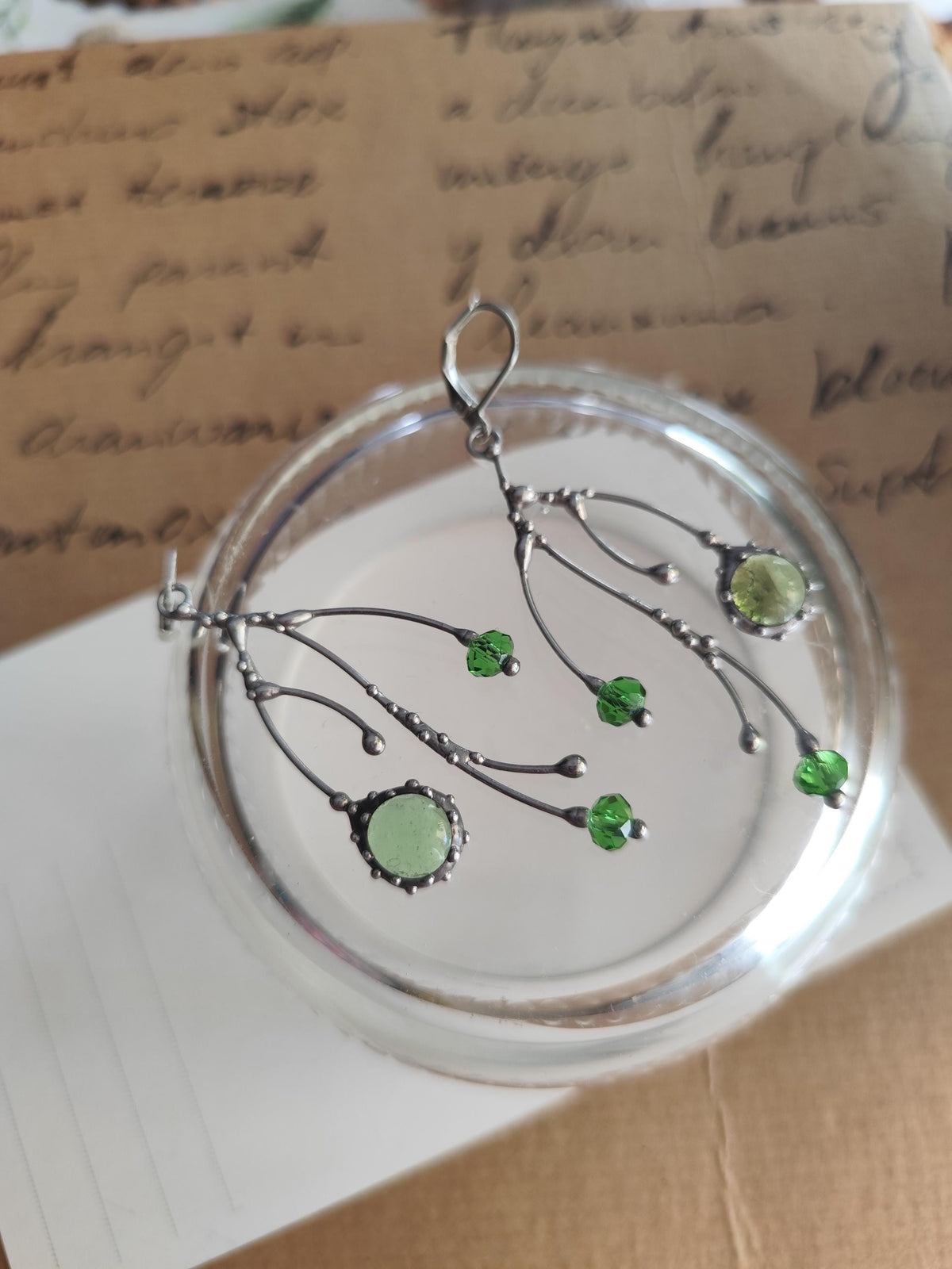 Green Glass Branch Earrings – Silver Tone