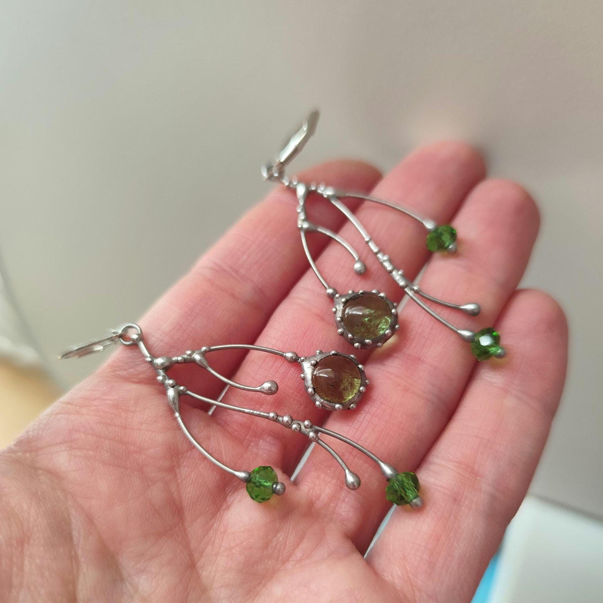 Green Glass Branch Earrings – Silver Tone