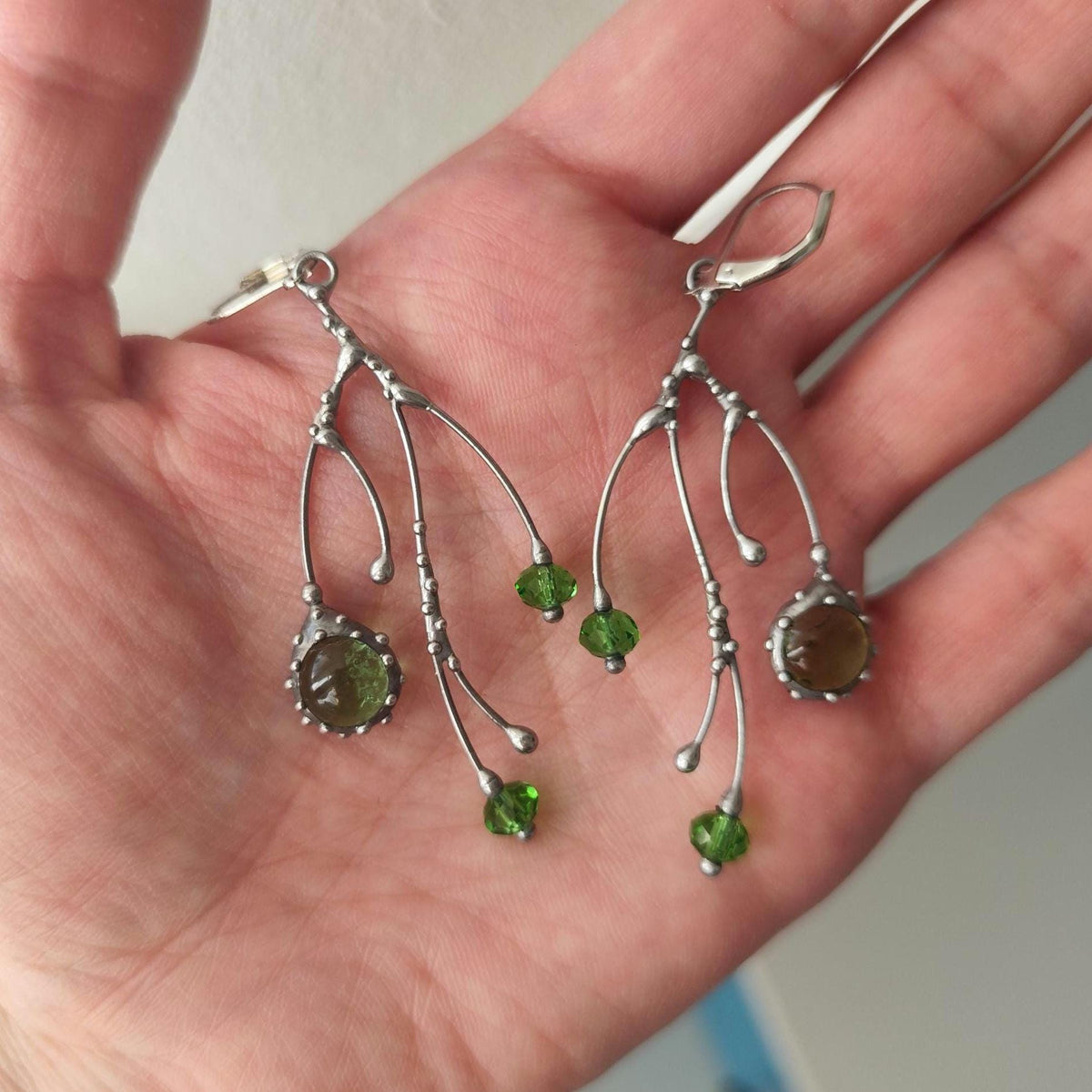 Green Glass Branch Earrings – Silver Tone