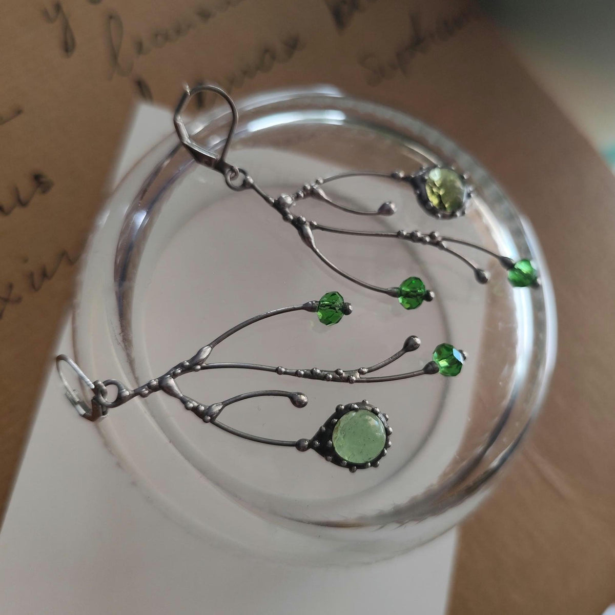 Green Glass Branch Earrings – Silver Tone