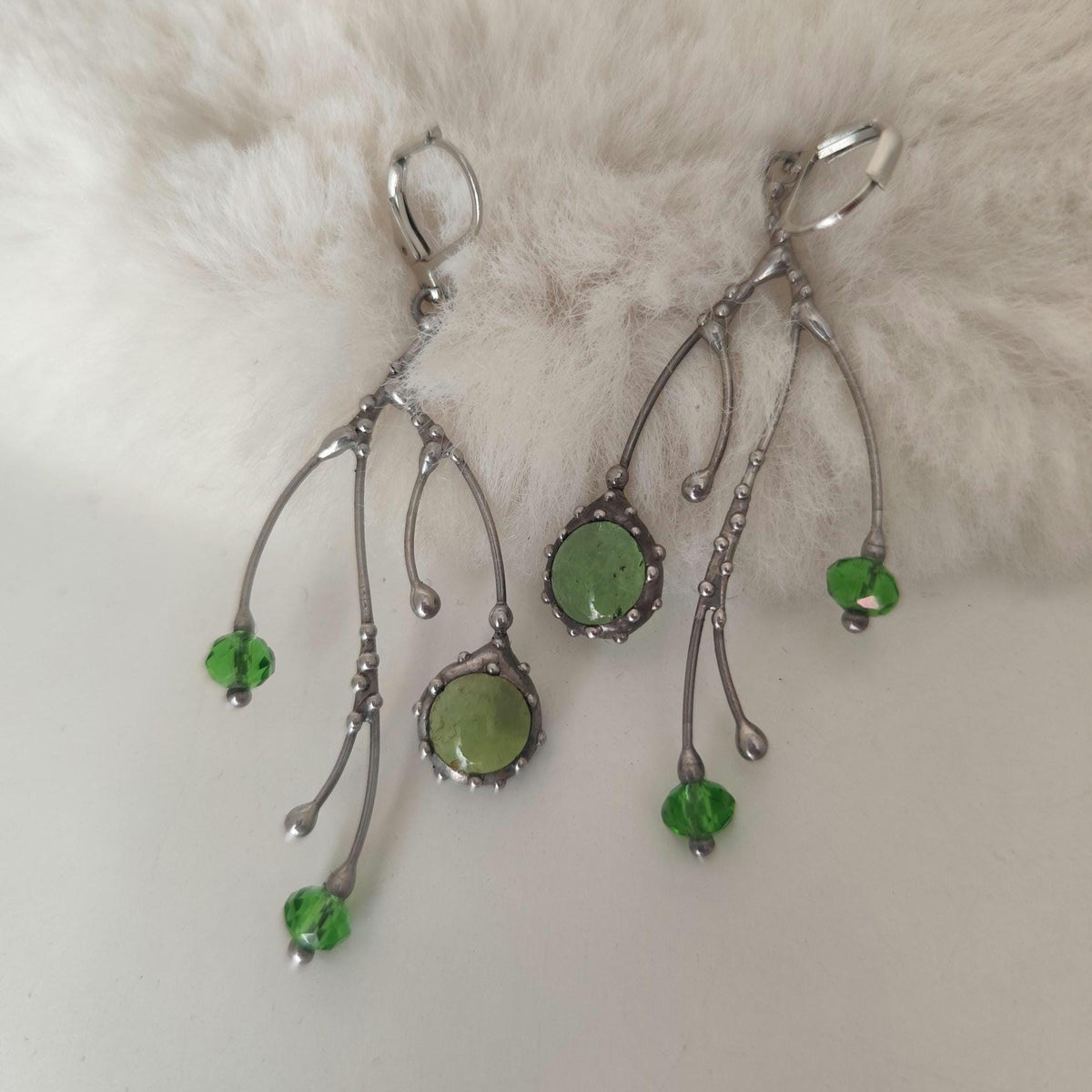 Green Glass Branch Earrings – Silver Tone