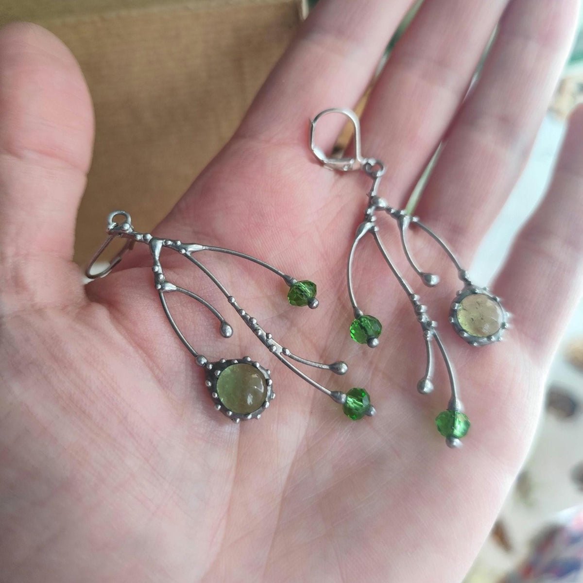 Green Glass Branch Earrings – Silver Tone