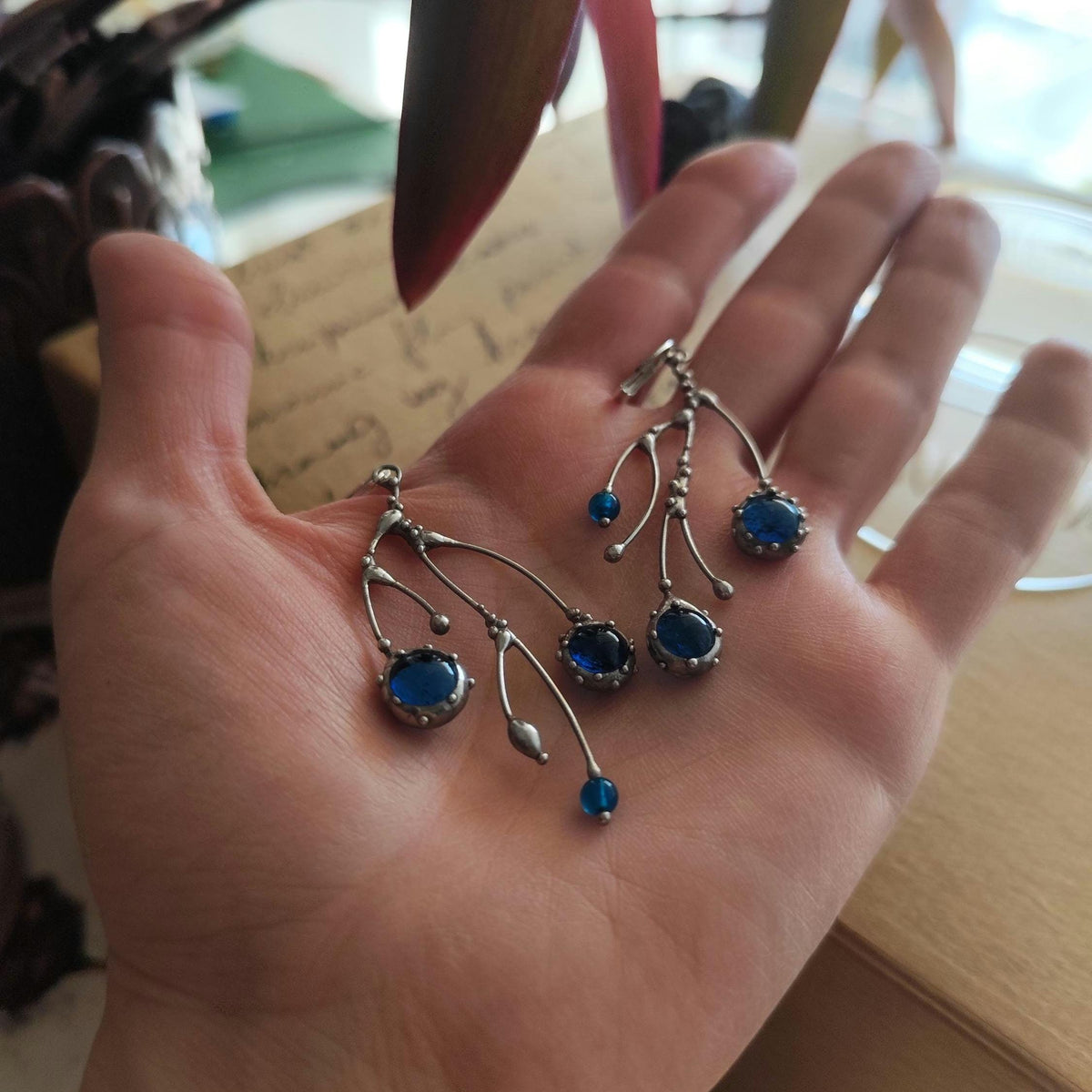 Cobalt Blue Glass Branch Earrings – Silver Tone