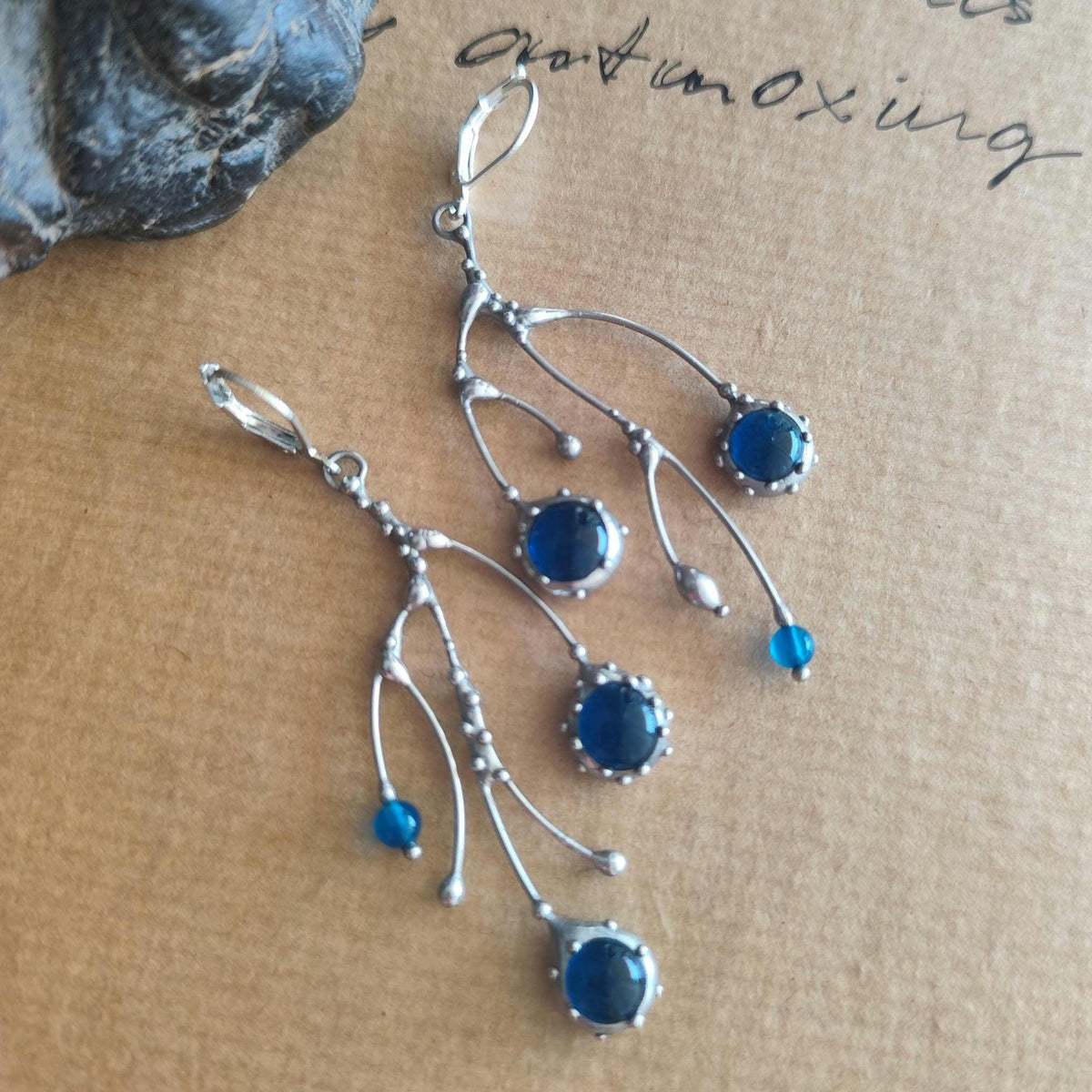 Cobalt Blue Glass Branch Earrings – Silver Tone