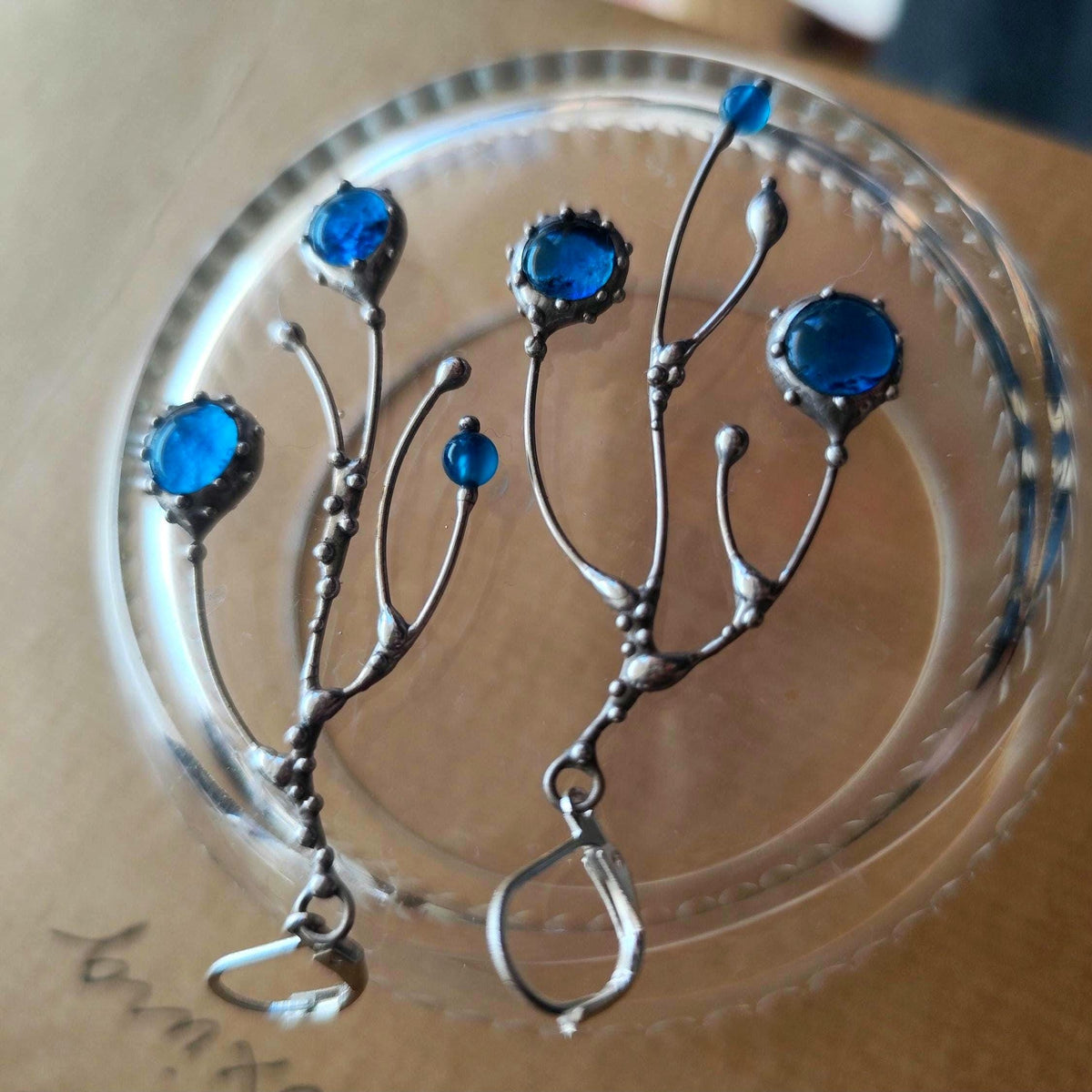 Cobalt Blue Glass Branch Earrings – Silver Tone