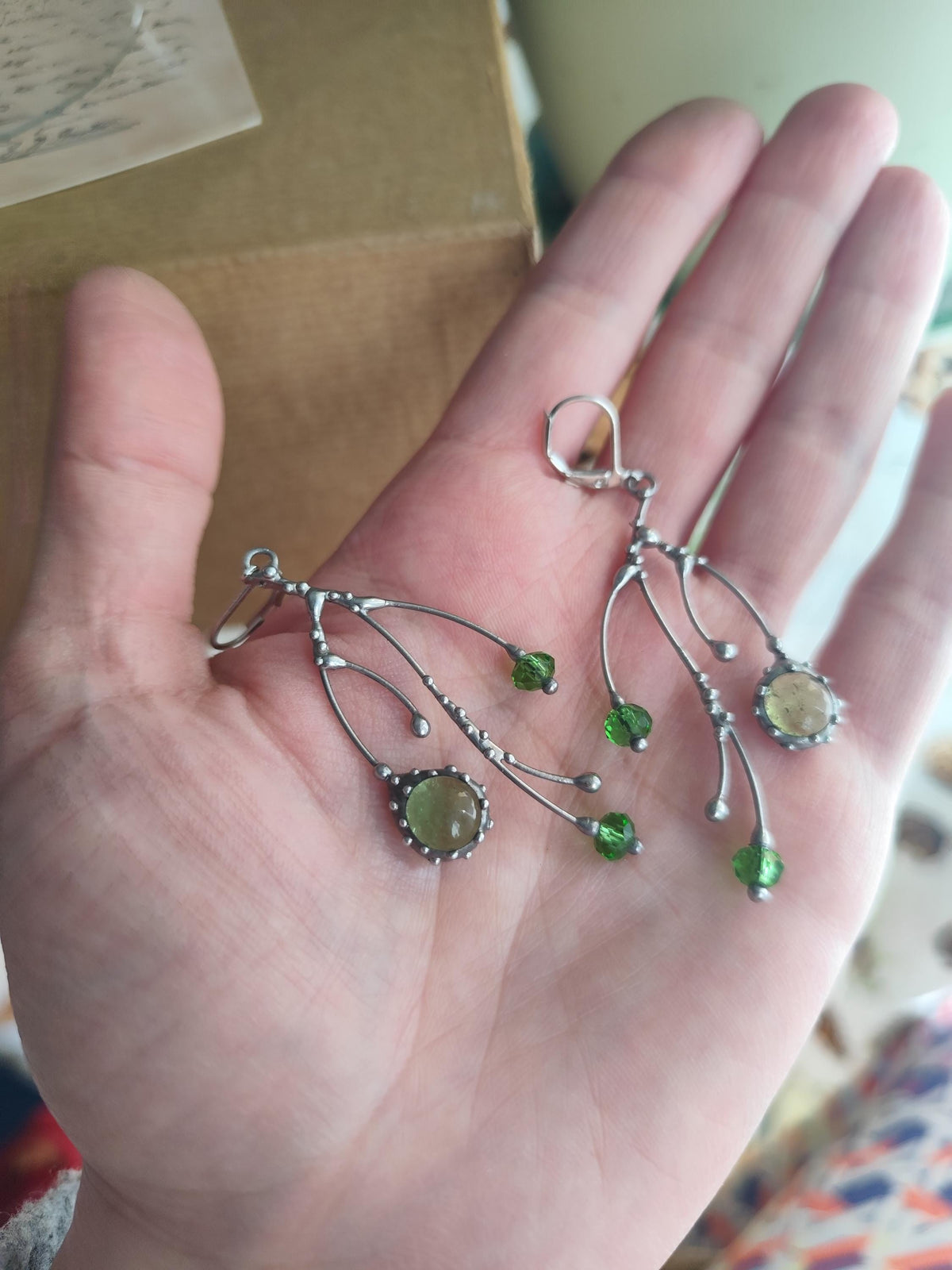 Green Glass Tree Branch Earrings – Silver Tone