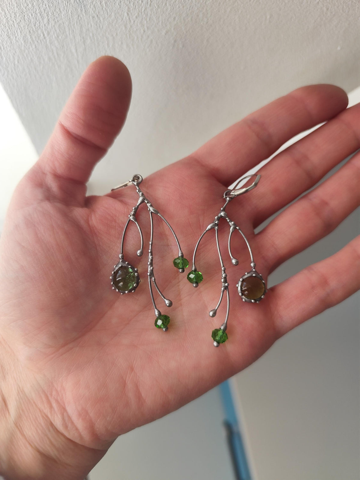 Green Glass Tree Branch Earrings – Silver Tone
