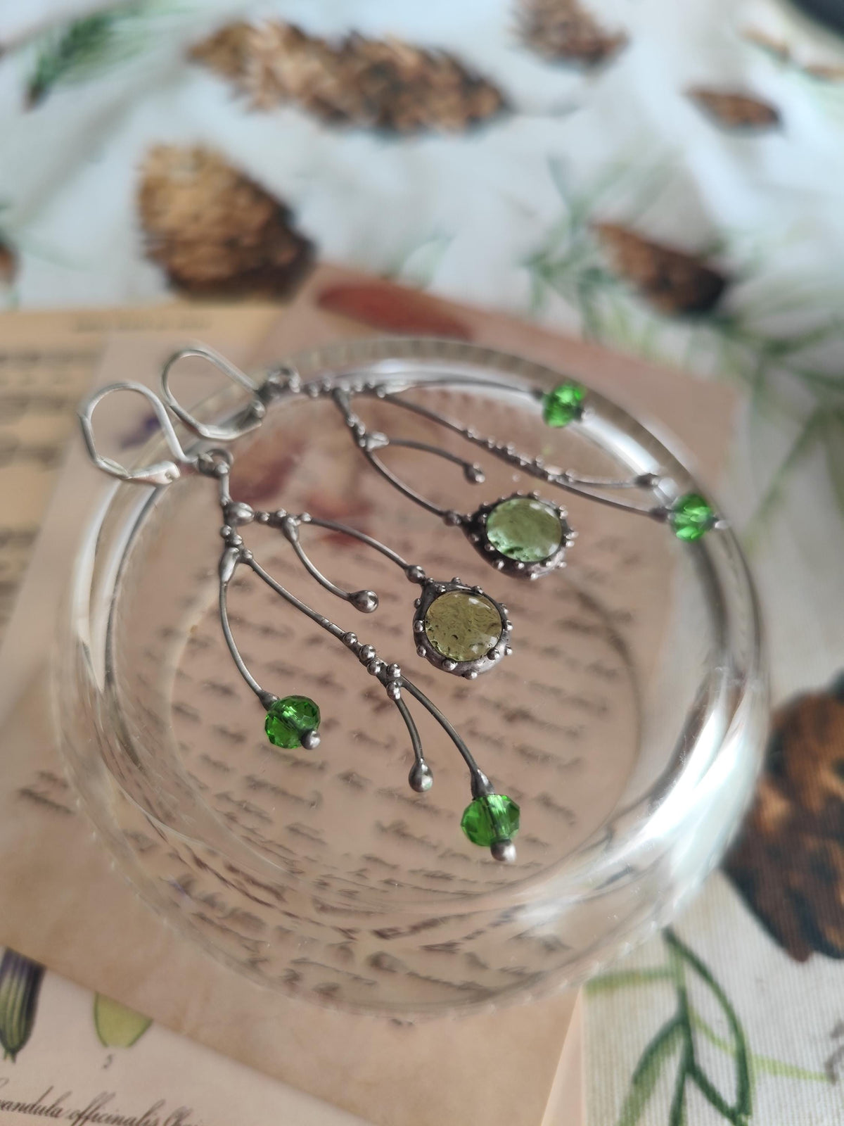 Green Glass Tree Branch Earrings – Silver Tone