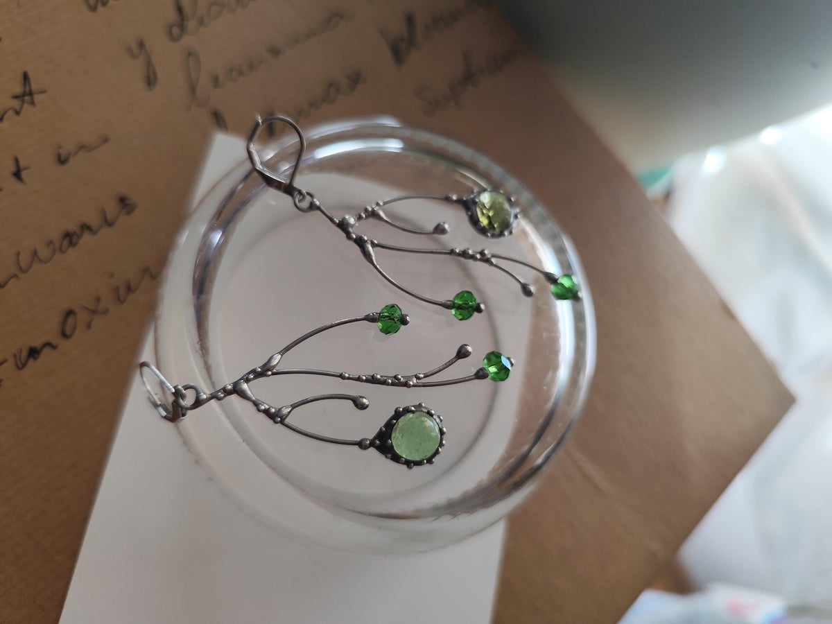 Green Glass Tree Branch Earrings – Silver Tone