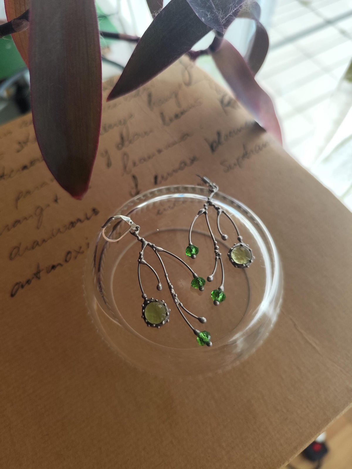 Green Glass Tree Branch Earrings – Silver Tone