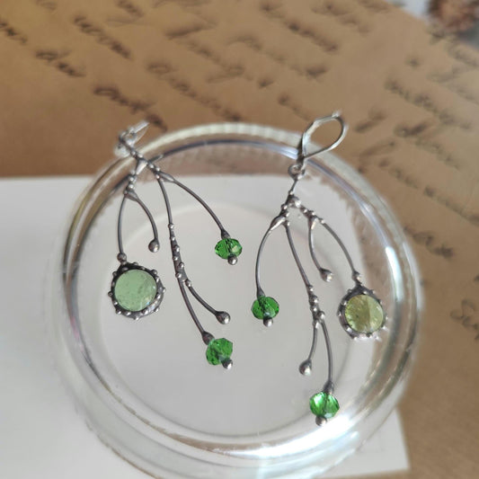 Green Glass Branch Earrings – Silver Tone