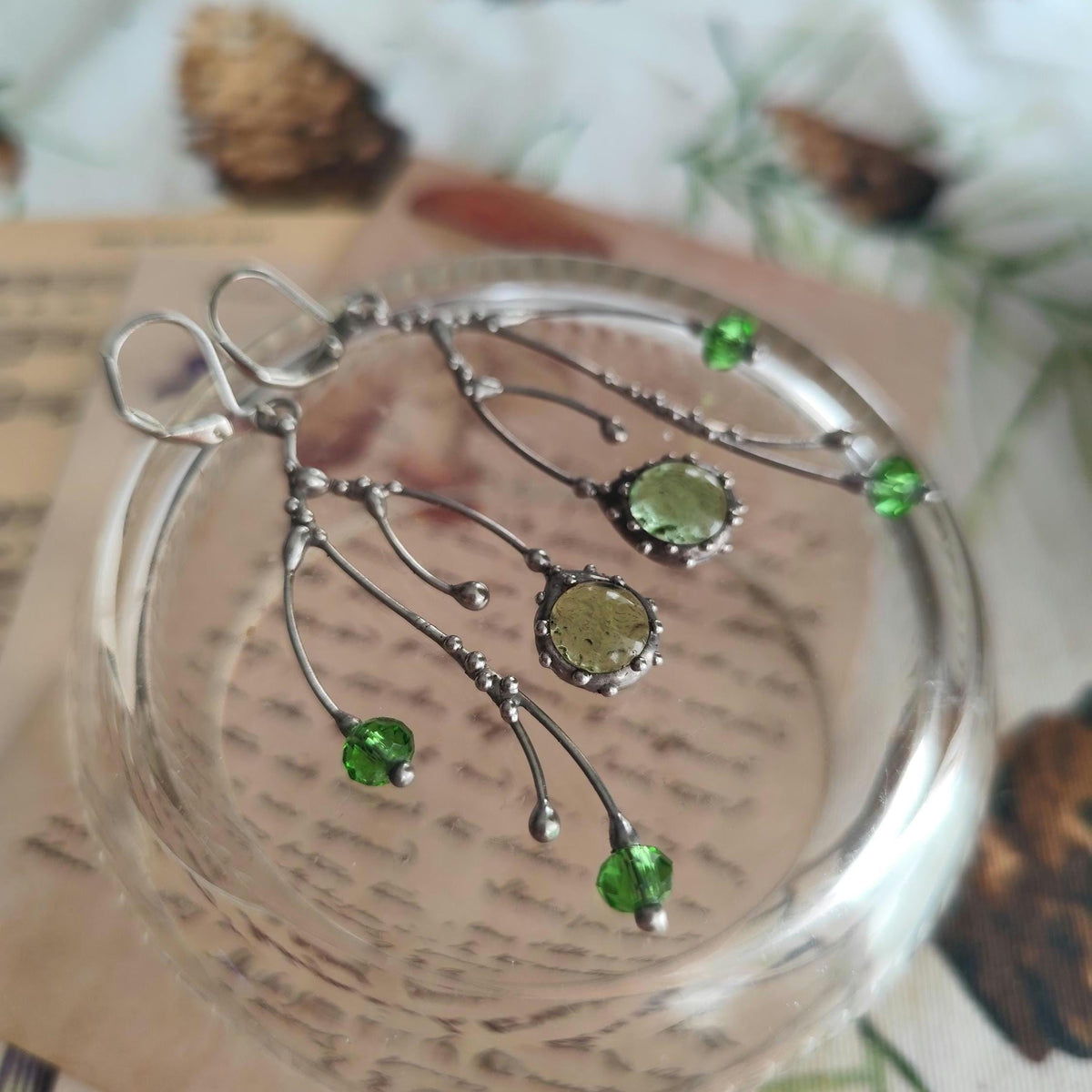 Green Glass Branch Earrings – Silver Tone