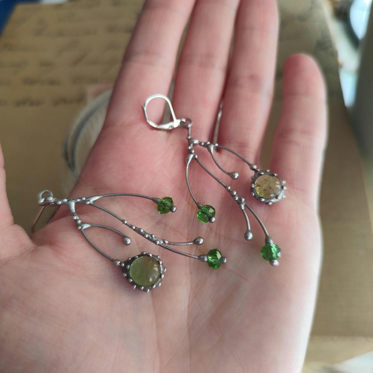 Green Glass Branch Earrings – Silver Tone
