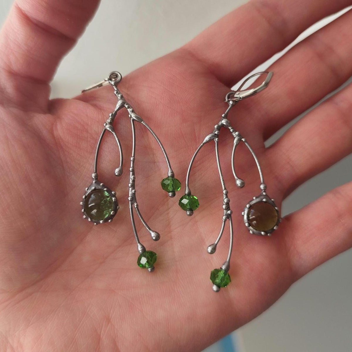 Green Glass Branch Earrings – Silver Tone