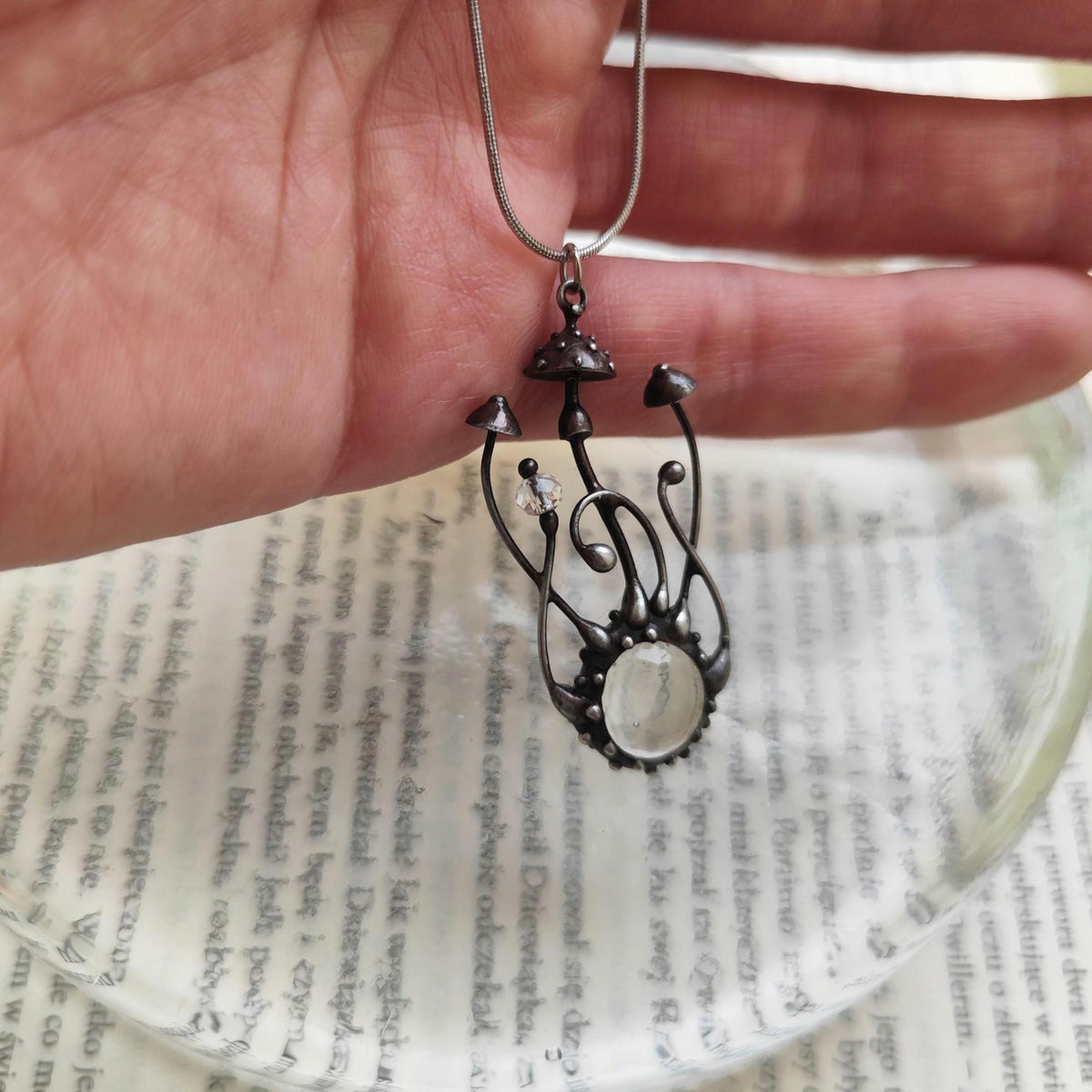 Clear Glass Mushroom Necklace – Silver Tone