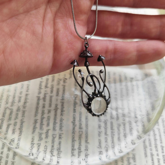 Clear Glass Mushroom Necklace – Silver Tone