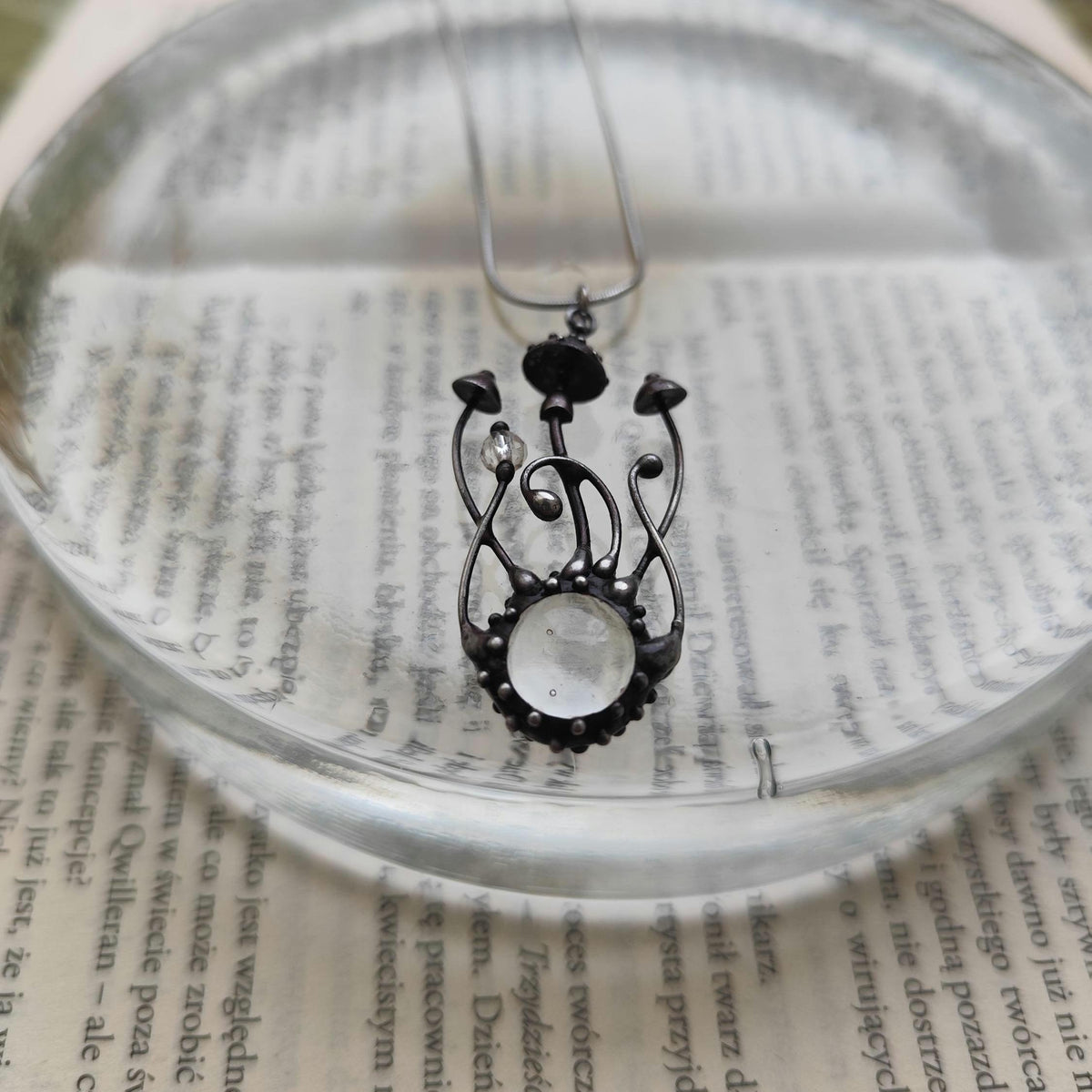 Clear Glass Mushroom Necklace – Silver Tone