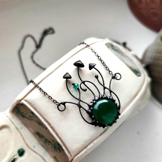 Black Glass Mushroom Pendant Necklace – Copper & Pewter