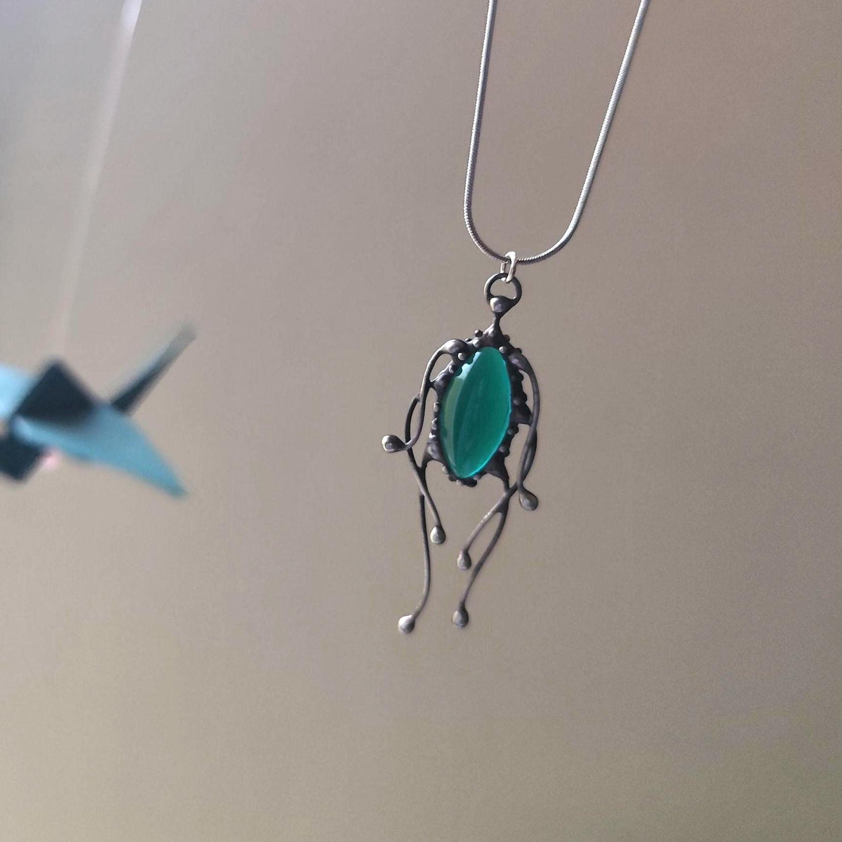 Green Stained Glass Jellyfish Pendant Necklace – Blackened Copper