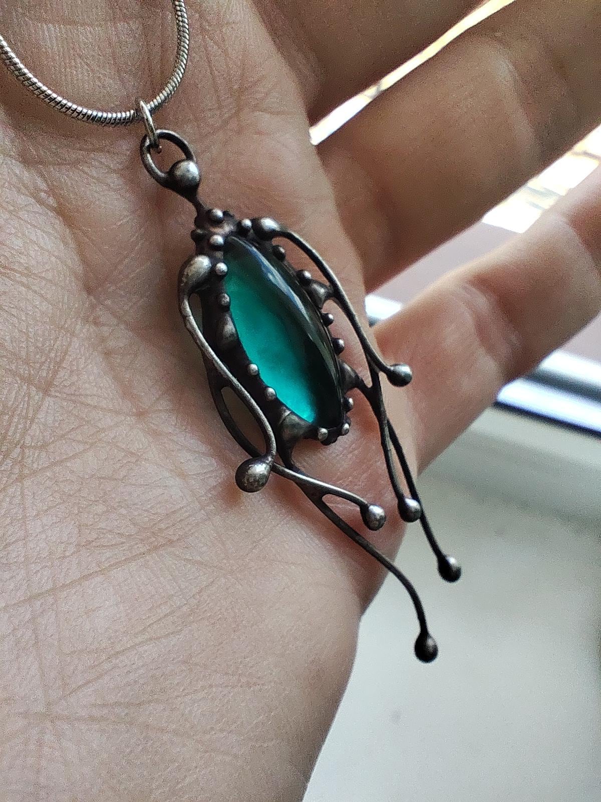 Green Stained Glass Jellyfish Pendant Necklace – Blackened Copper