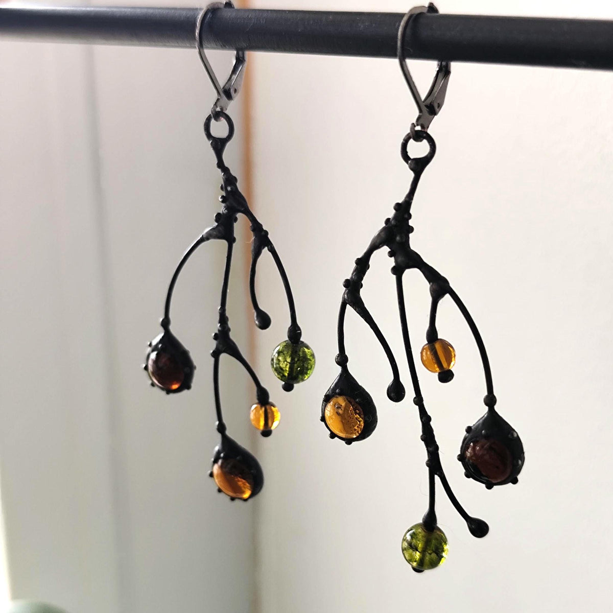 Black Kiln-Fused Glass Branch Asymmetrical Earrings – Copper & Pewter