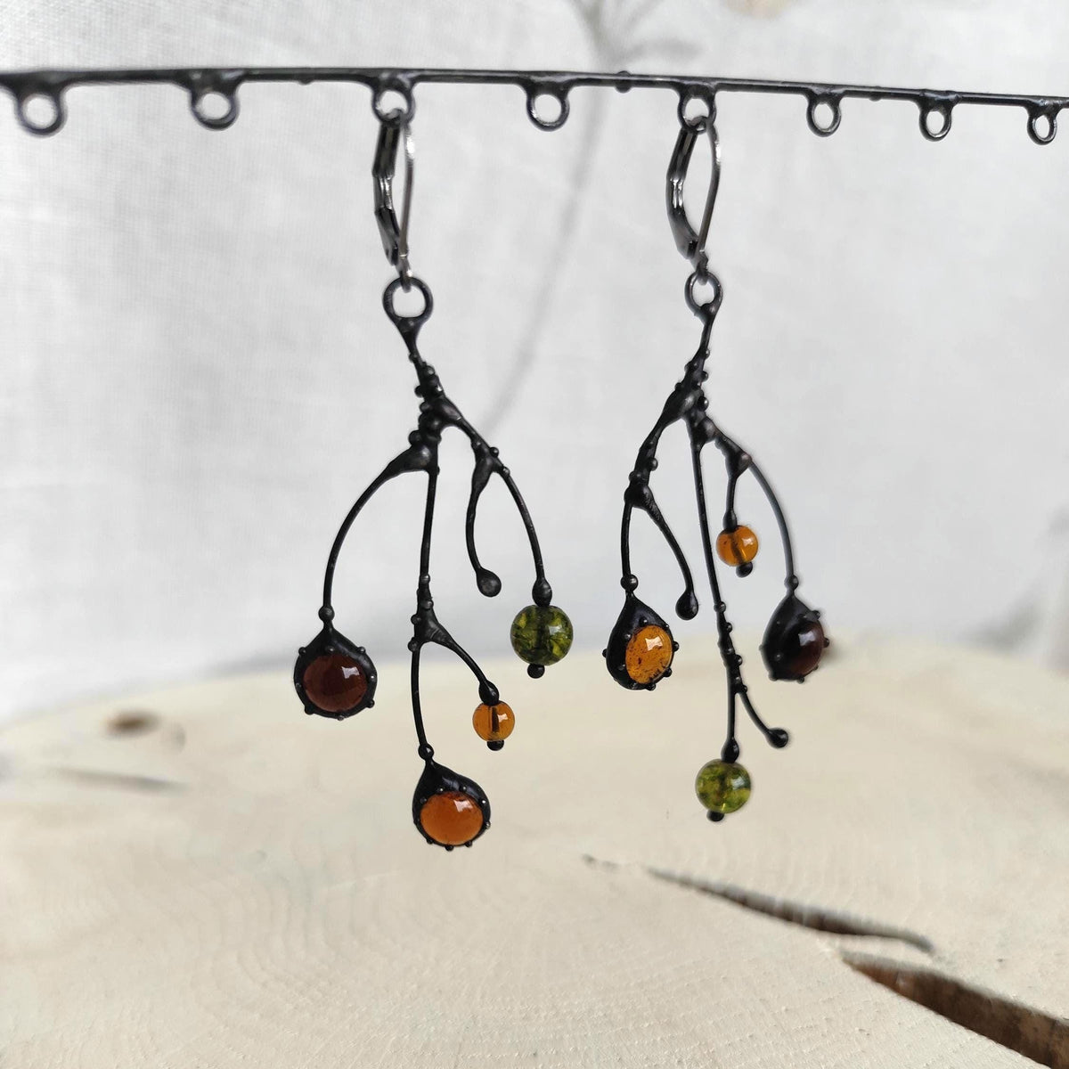 Black Kiln-Fused Glass Branch Asymmetrical Earrings – Copper & Pewter