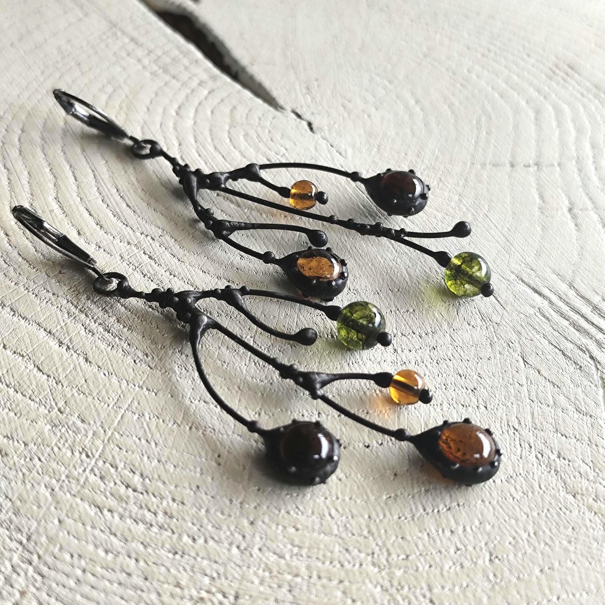 Black Kiln-Fused Glass Branch Asymmetrical Earrings – Copper & Pewter