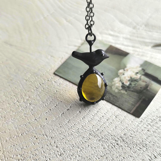 Black Stained Glass Bird Pendant Necklace – Copper & Pewter