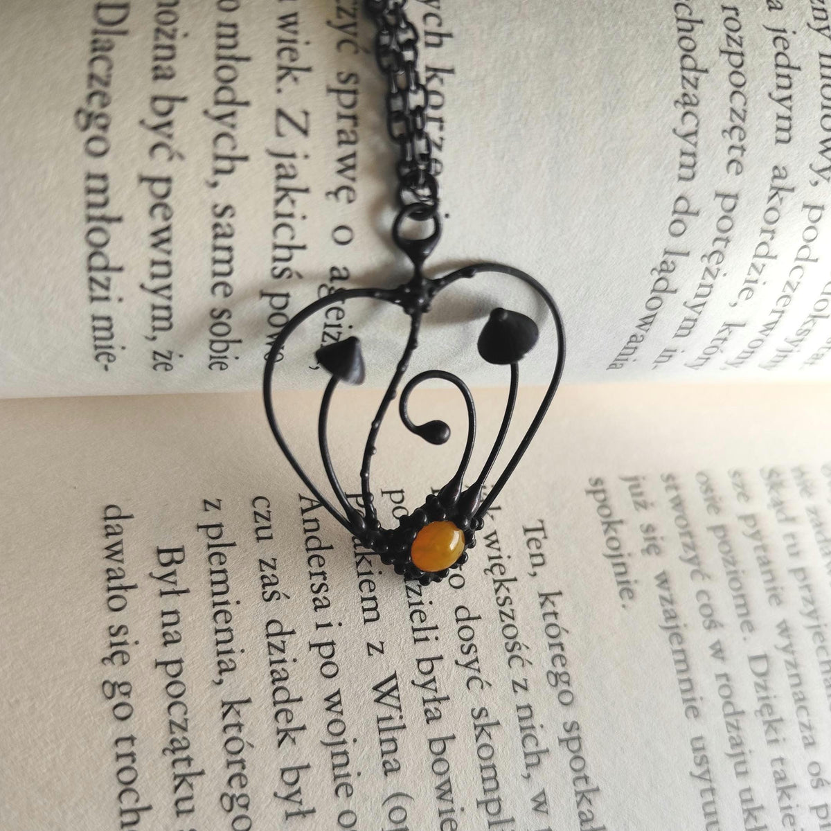 Black Kiln-Fused Glass Mushroom Pendant Necklace – Copper & Pewter