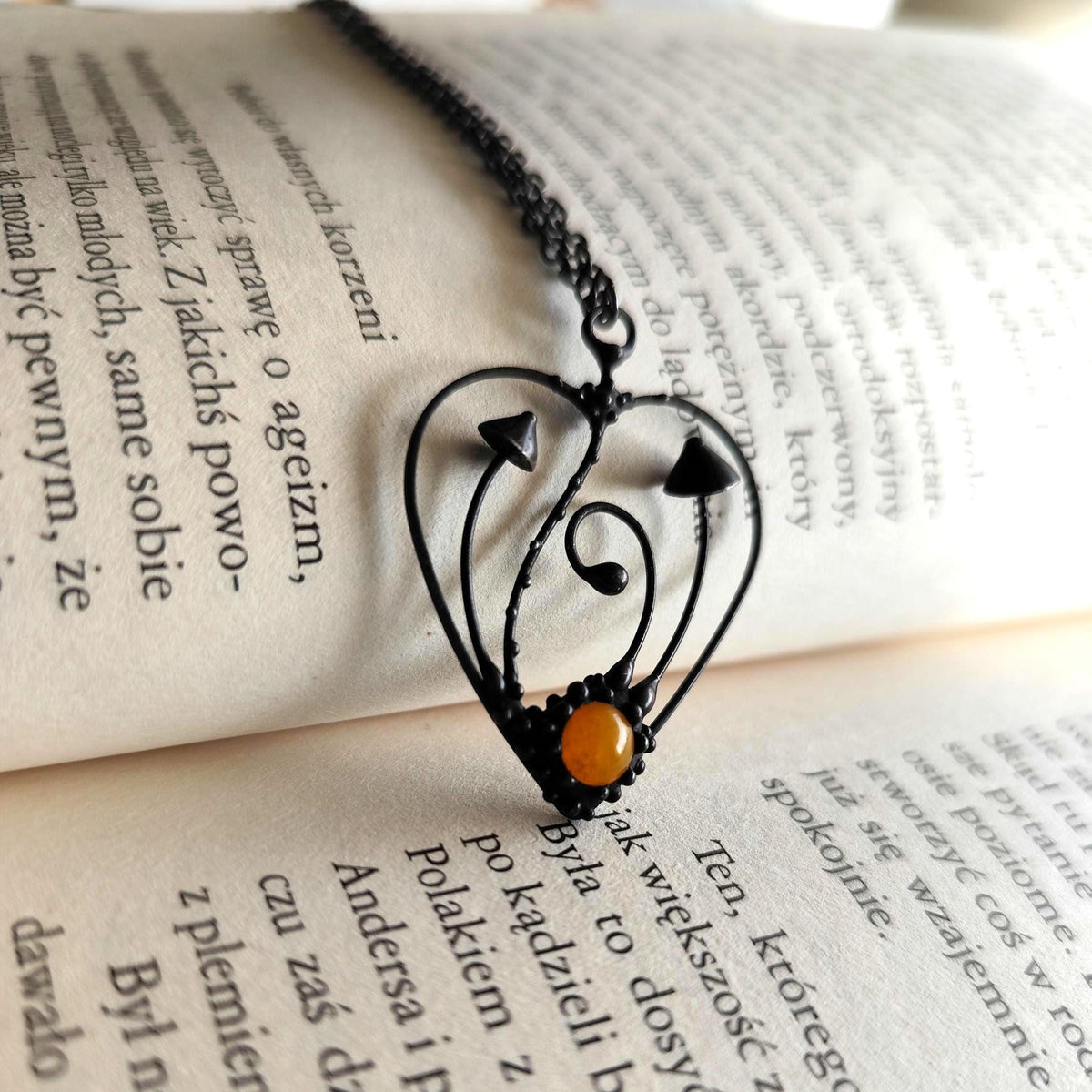 Black Kiln-Fused Glass Mushroom Pendant Necklace – Copper & Pewter