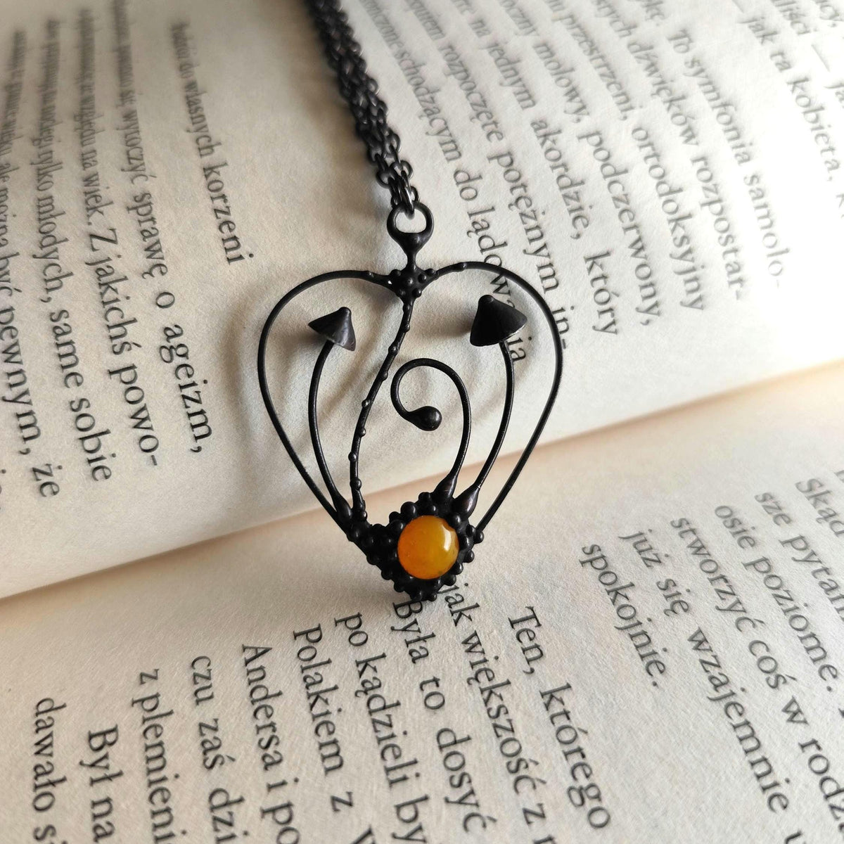 Black Kiln-Fused Glass Mushroom Pendant Necklace – Copper & Pewter