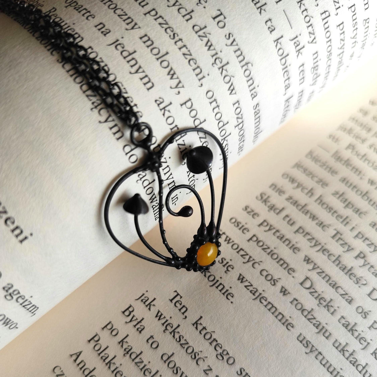 Black Kiln-Fused Glass Mushroom Pendant Necklace – Copper & Pewter