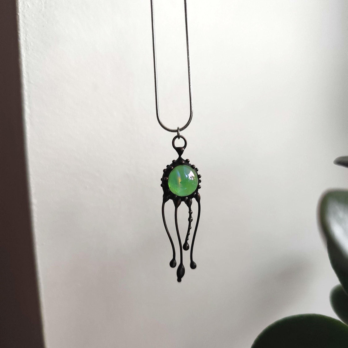 Green Glass Jellyfish Necklace – Blackened Copper