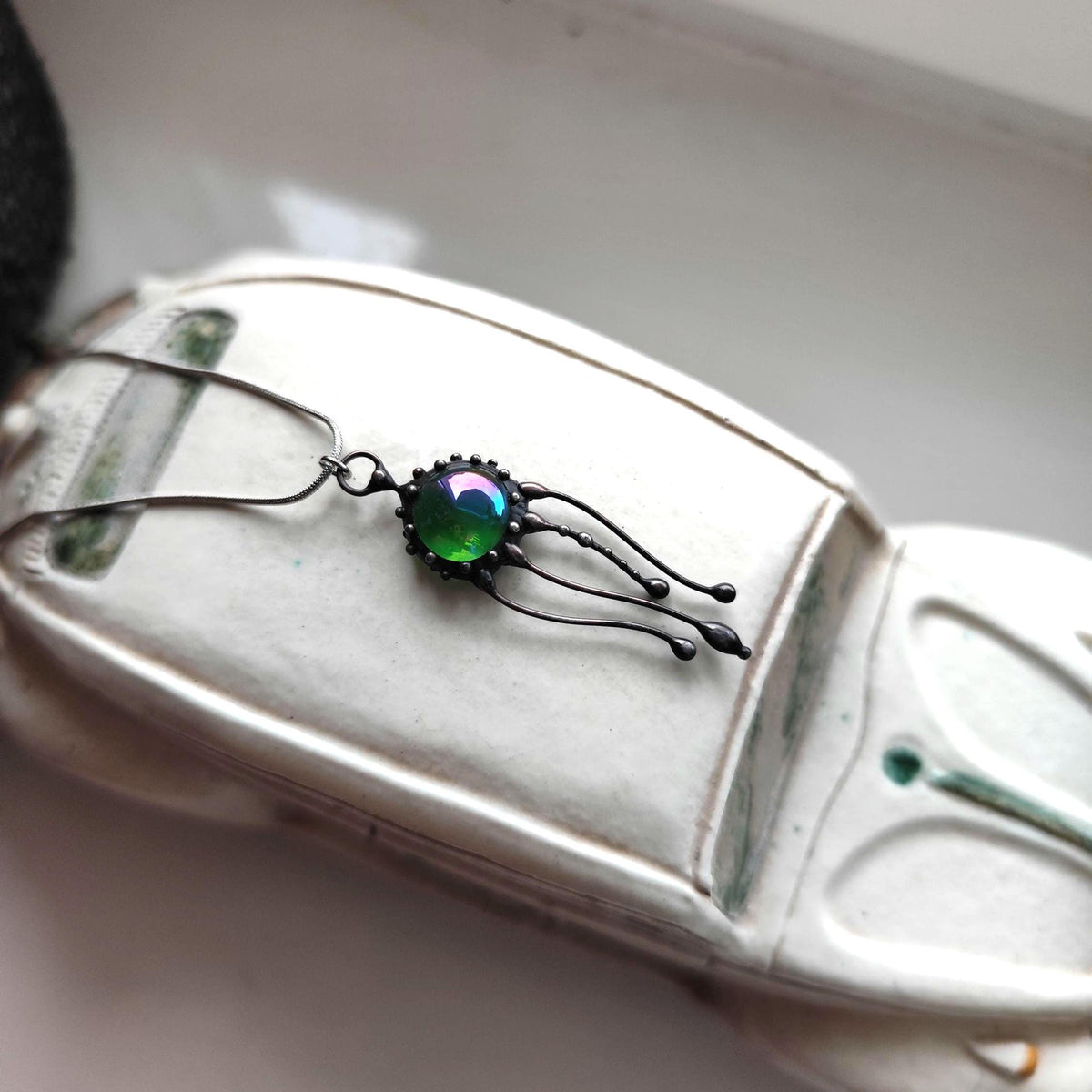 Green Glass Jellyfish Necklace – Blackened Copper