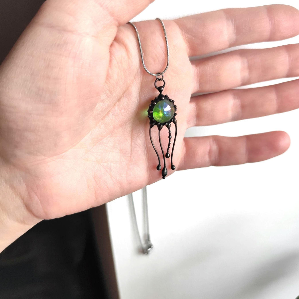 Green Glass Jellyfish Necklace – Blackened Copper