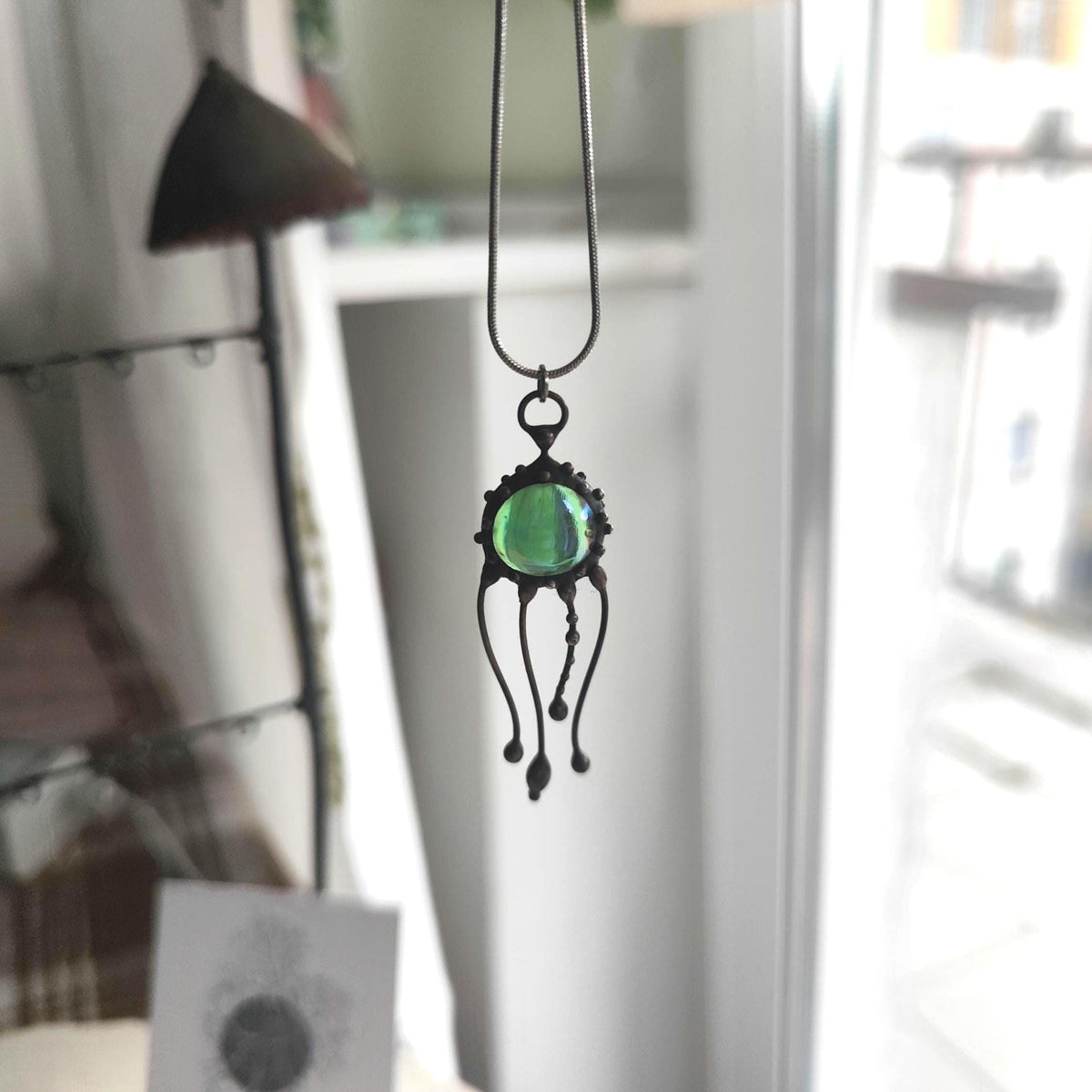 Green Glass Jellyfish Necklace – Blackened Copper