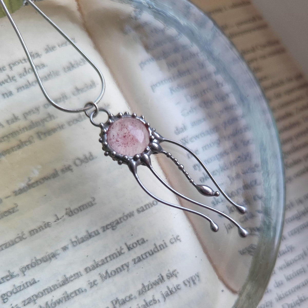 Pink Quartz Jellyfish Pendant Necklace – Silver Tone