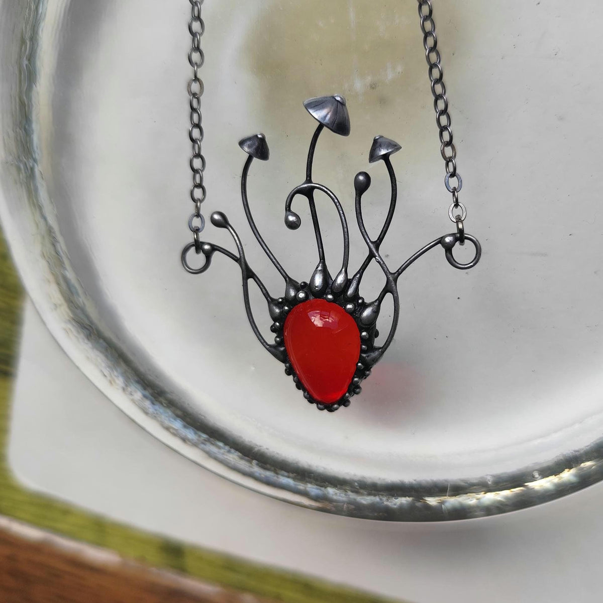 Red Glass Mushroom Necklace – Blackened Copper Forest Pendant – Sculptural Fungi