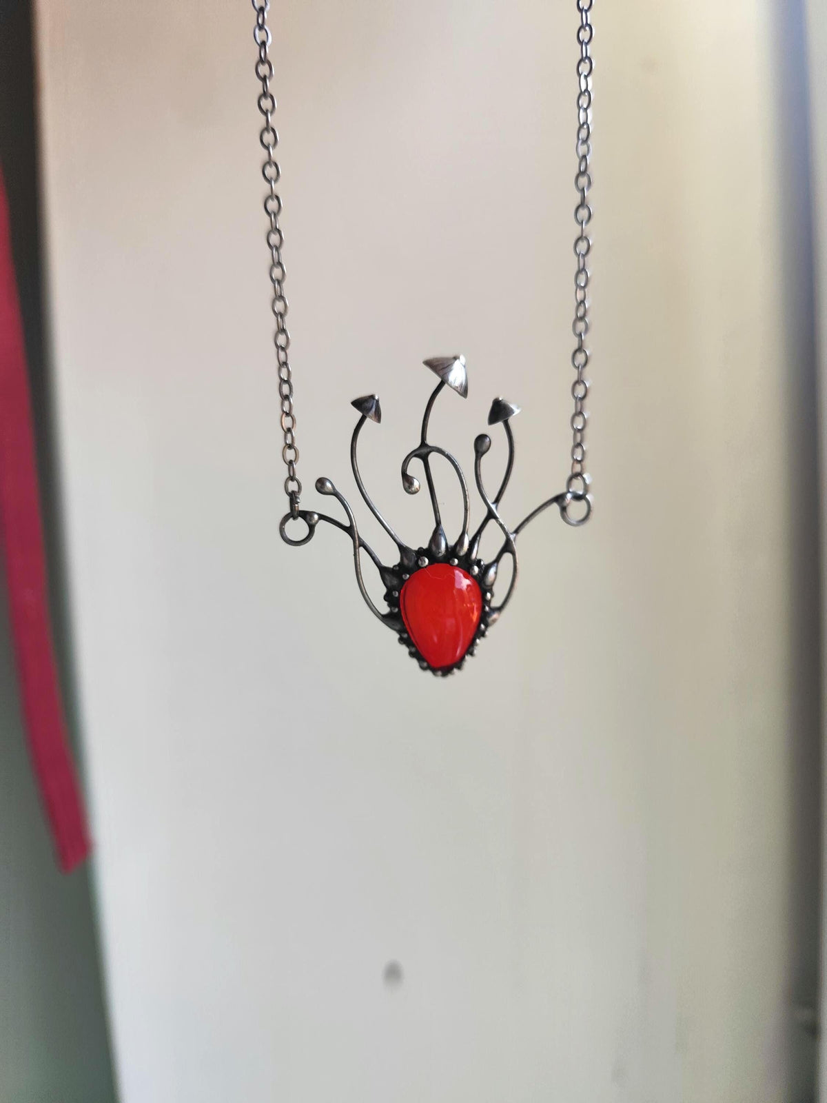 Red Glass Mushroom Necklace – Blackened Copper Forest Pendant – Sculptural Fungi