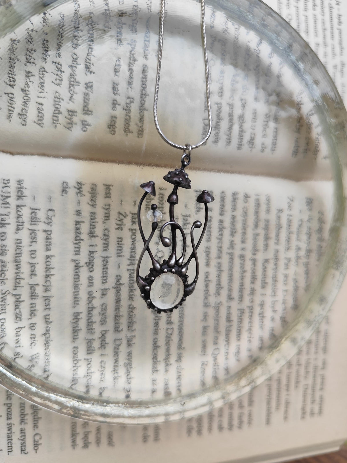 Clear Glass Mushroom Necklace – Silver Tone