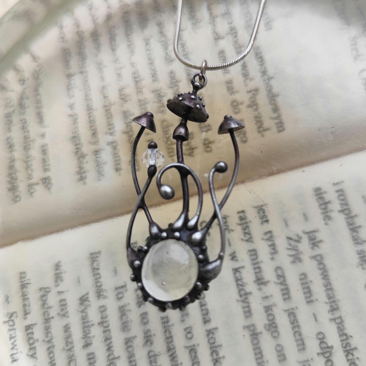 Clear Glass Mushroom Necklace – Silver Tone