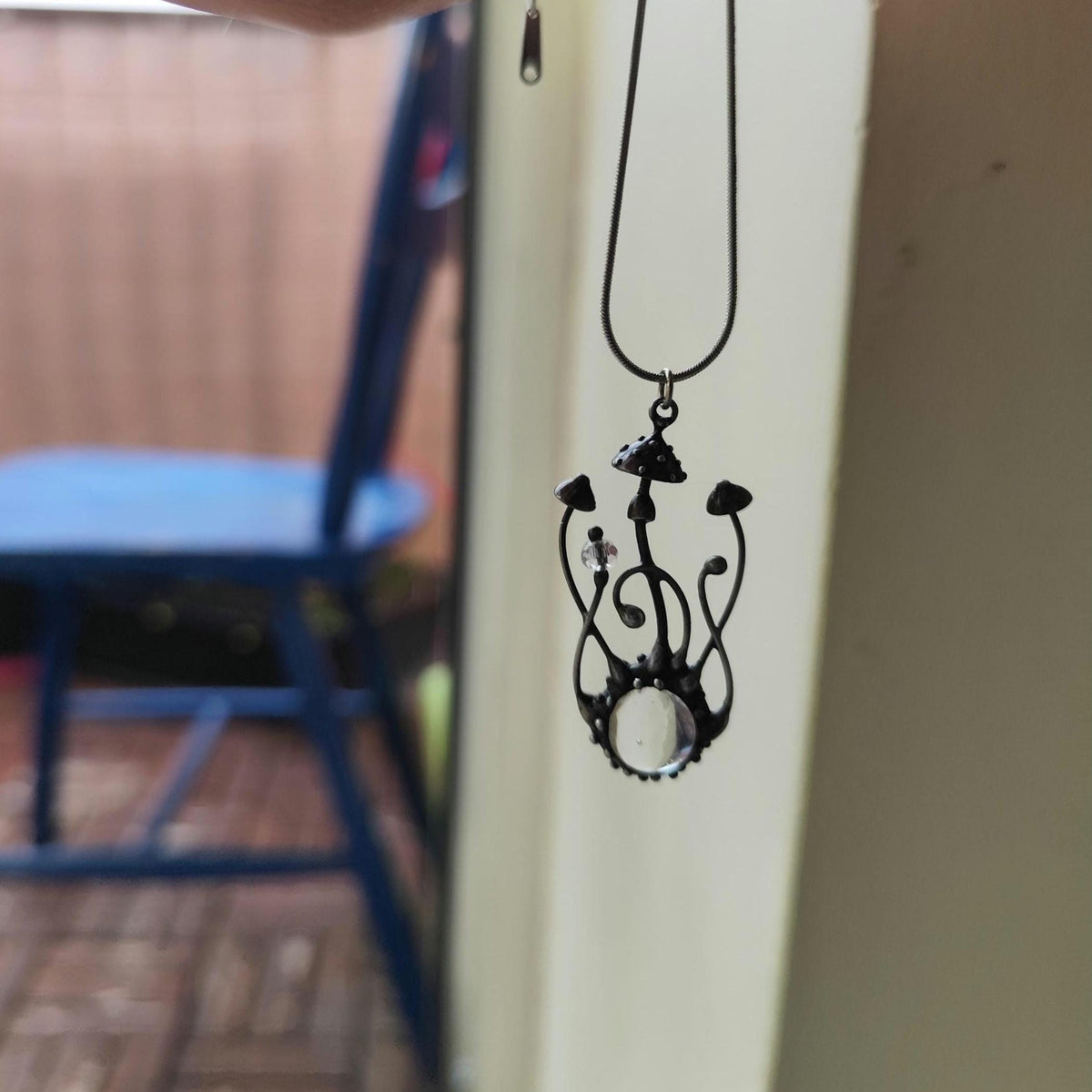 Clear Glass Mushroom Necklace – Silver Tone