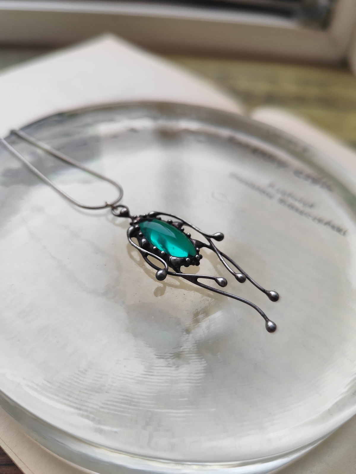 Green Stained Glass Jellyfish Pendant Necklace – Blackened Copper