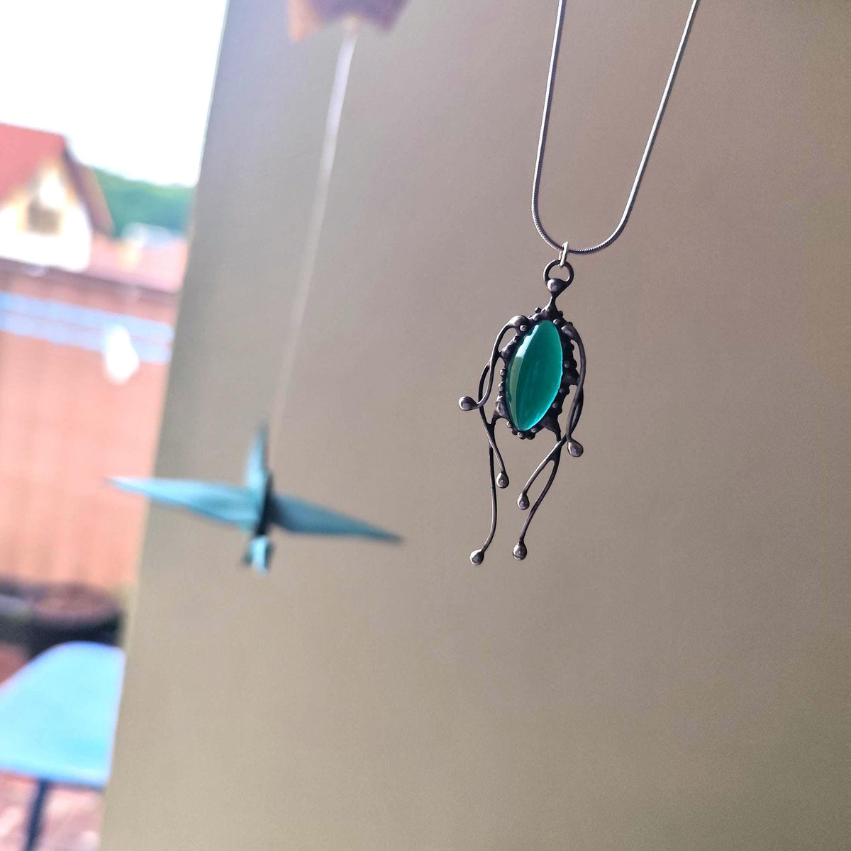 Green Stained Glass Jellyfish Pendant Necklace – Blackened Copper