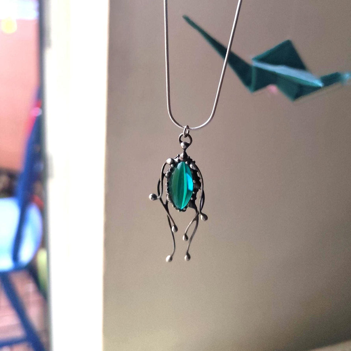 Green Stained Glass Jellyfish Pendant Necklace – Blackened Copper