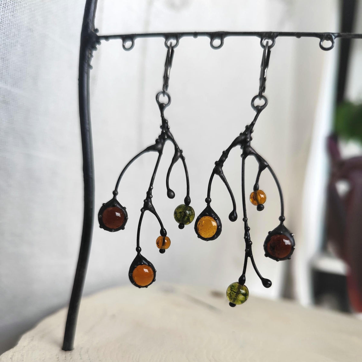 Black Kiln-Fused Glass Branch Asymmetrical Earrings – Copper & Pewter